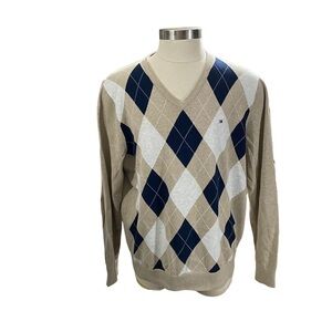 Tommy Hilfiger Men Cream V-Neck Sz XL 100% Cotton Diamond Argyle Tommy Flag Logo
